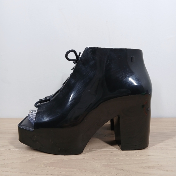 Melissa Black Glossy Rubber Lace-Up Platform Peep Toe Chunky Heel Shoes 1485 - Picture 1 of 12